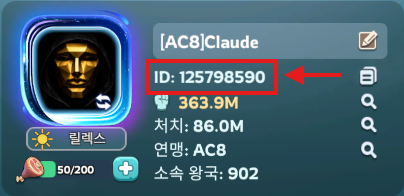 인게임 아이디 위치 안내 예시